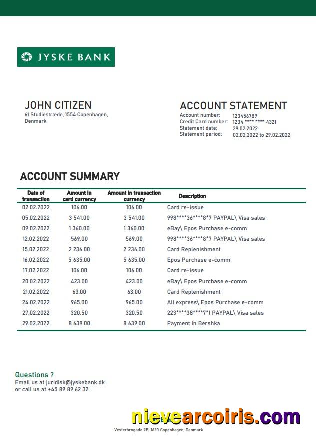 Denmark Jyske bank statement